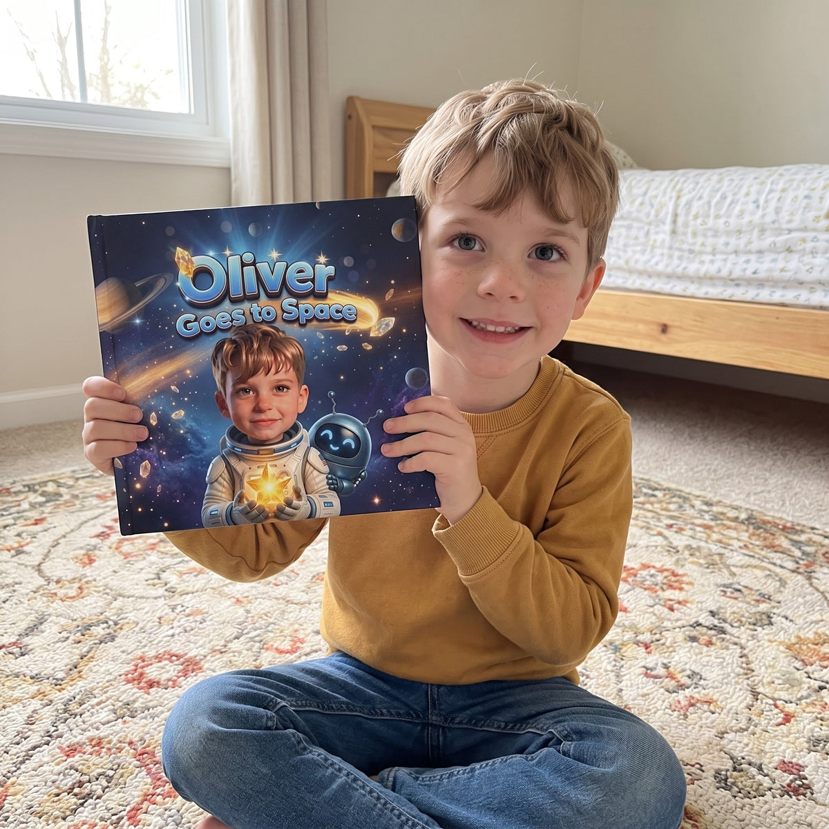 Your Child Goes to Space – A child smiling with their personalized book