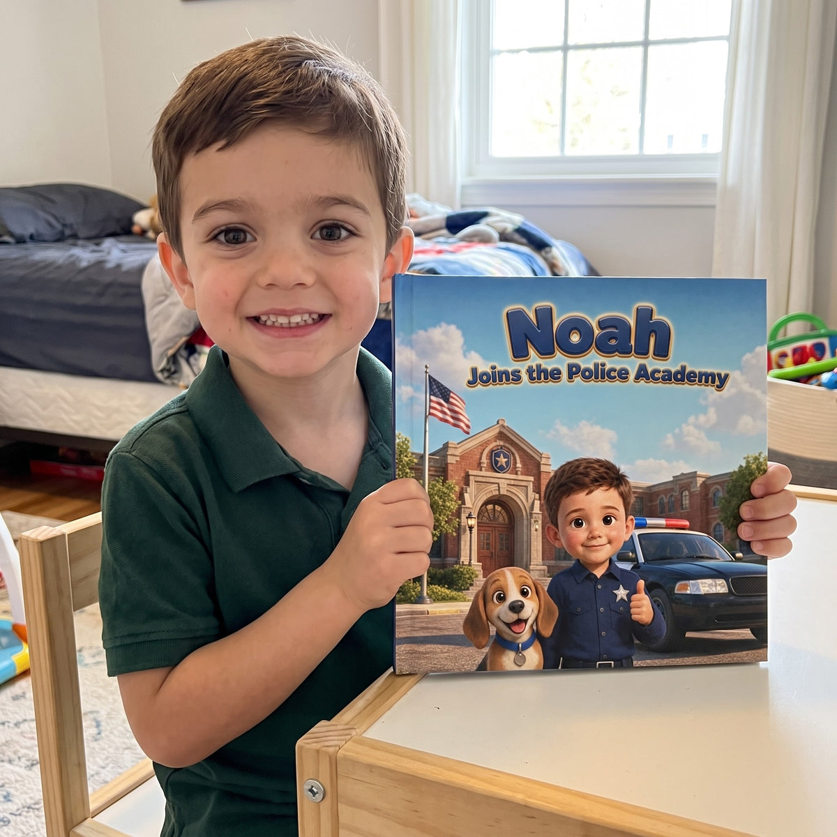 Your Child Joins the Police Academy – A child smiling with their personalized book