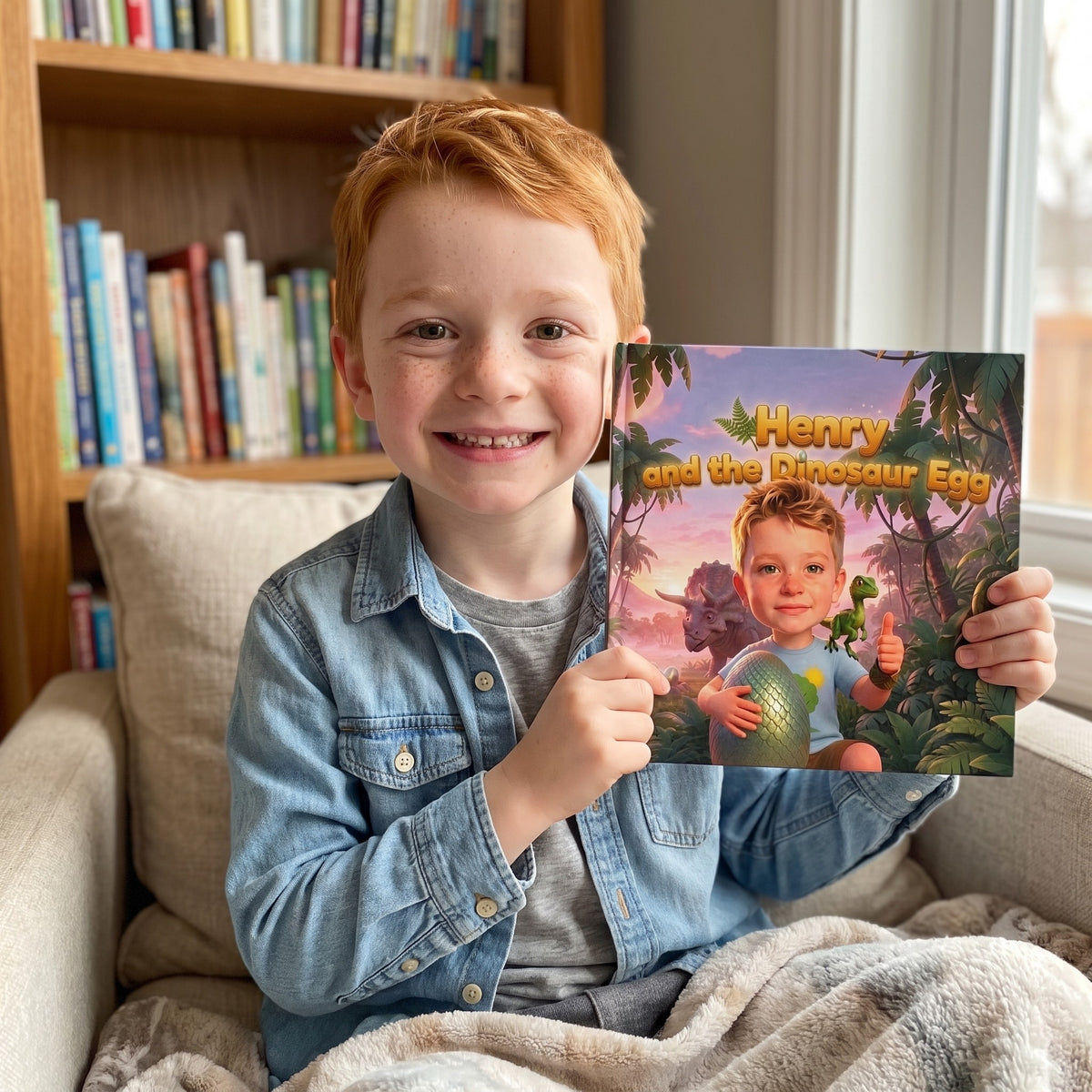 Your Child and the Dinosaur Egg – A child smiling with their personalized book